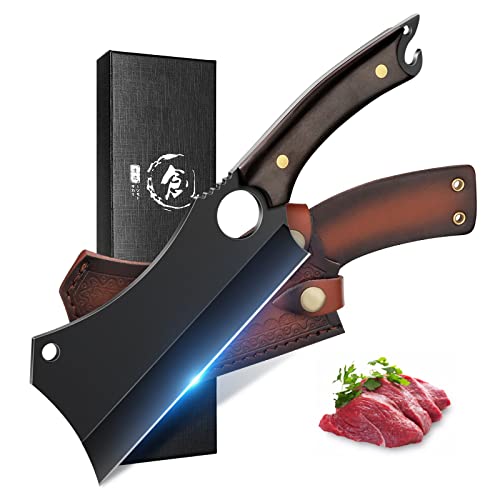ROCOCO Cleaver Knife for Meat Cutting Butcher Viking Boning Knife Hand Forged In Fire Chopping Cutter with Sheath Outdoor BBQ Camping Birthday Christmas Chef Gift Idea Men 5.9" - 5.9 Inches Black