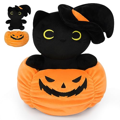 JIAJEGTGT Halloween Pumpkin Black Cat Stuffed Animal, 7.4in Halloween Pumpkin Black Cat Set, Cute Black Cat Plush Pillow Toy, Halloween Decoration Gift for Adults Children