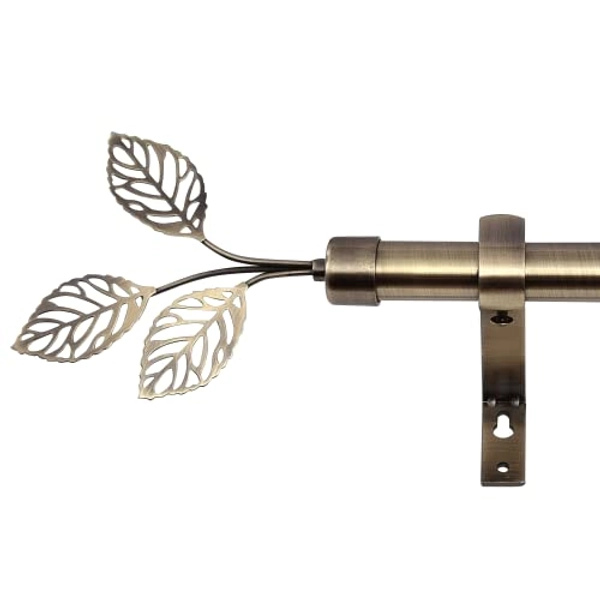 RYB HOME Brass Curtain Rod for Windows 72 to 144" Long, 1 inch Diameter, Metal Single Adjustable Telescoping Curtain Pole with Leaf Design Finish for Living Room Bedroom, Antique Brass