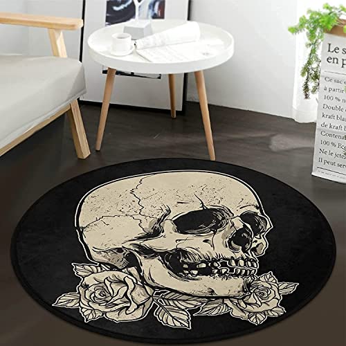 Round Skull Area Rug 3ft - Skull Rose Flower Black Round Carpet Non-Slip Rug Washable Floor Mats for Kitchen Bedroom Living Room, 3' x 3' Round - Skull Rose Flower - 3 ft
