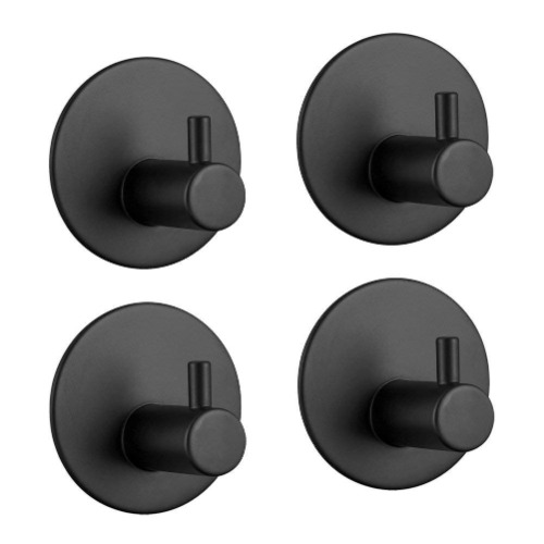 SouLips Adhesive Hooks, Self Adhesive Black Wall Mounted Hanger for Key Robe Coat Towel, Super Strong Heavy Duty Stainless Steel Hooks, No Drill No Screw, Waterproof,for Kitchen Bathroom Toilet,4 Pack - Wall Hooks-4 Packs
