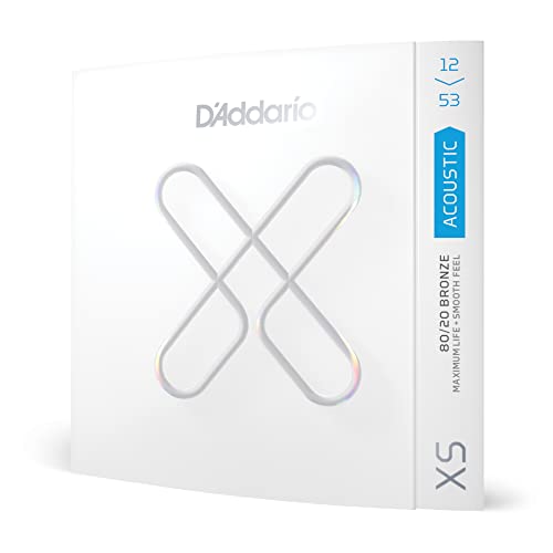 D'Addario Guitar Strings - XS 80/20 Bronze Coated Acoustic Guitar Strings - XSABR1253 - Maximum Life with Smooth Feel & Exceptional Tone - For 6 String Guitars - 12-53 Light - 1-Pack - Light, 12-53
