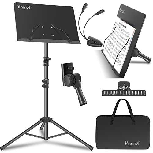 Ramzi Music Book Stand, Portable Music Stand for Sheet Music 5 in-1 Dual-Use Sheet Music Stand Desktop Book Stand with Book Stand Support, Music Stand Light, Carrying Bag, Sheet Music Clip