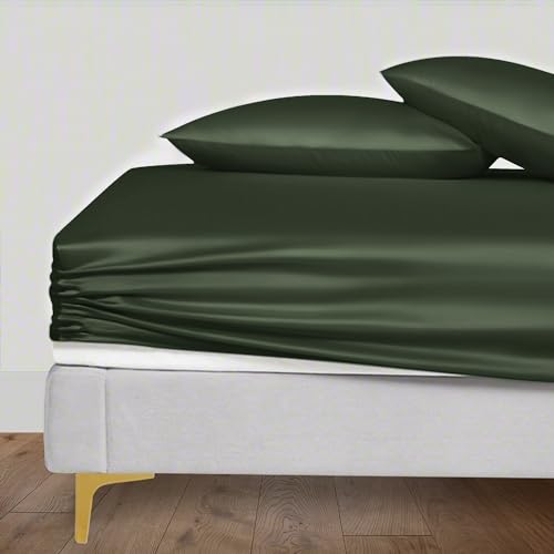 LINENWALAS Twin Fitted Sheet Only, Viscose from Bamboo Silk Sheets, Up to 16” Deep Pocket Snug Fit Cooling Sheets, Soft Bottom Bed Sheet (Twin, Avocado Green)