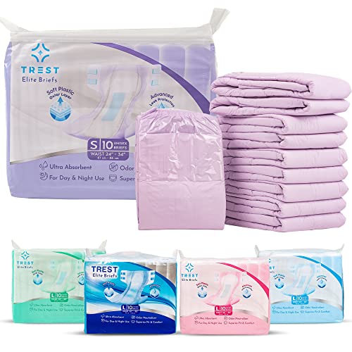 TREST Elite Briefs for Men and Women, Overnight Diapers for Incontinence, Elite Absorbency, Comfortable, Odor Neutralizing and Secure Fit with 2 Wide Tabs - Purple, Large (Pack of 10) - Purple - Large (Pack of 10)