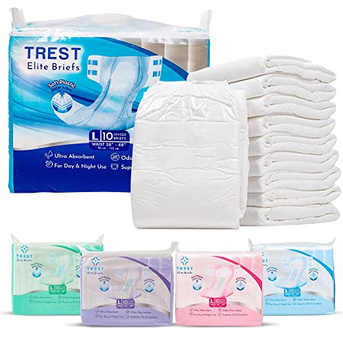 TREST Elite Briefs for Men and Women, Overnight Diapers for Incontinence, Elite Absorbency, Comfortable, Odor Neutralizing and Secure Fit with 2 Wide Tabs - White, Large (Pack of 10) - White - Large (Pack of 10)