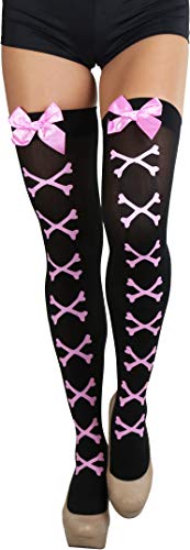 ToBeInStyle Women’s Beautiful Satin Bow Opaque Thigh High Stockings - One Size - Black W/ Pink Crossbone Seam