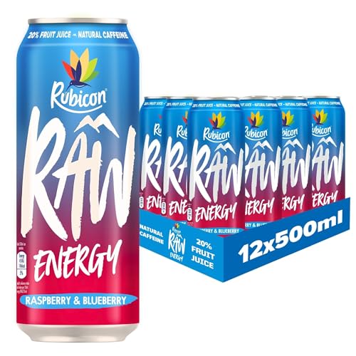 Rubicon RAW 12 Pack Raspberry & Blueberry 500ml Energy Drink, 20% Real Fruit Juice, High caffeine with B-Vitamins, Ginseng & Guarana, No Artificial Colours or Flavours, Reduce Tiredness & Boost Energy - Raspberry & Blueberry - 500ml - 12 Cans