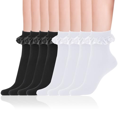 KALIONE 4 Pairs Ruffle Frilly Ankle Socks Women's Cotton Crew Dress Socks Cute Lolita Socks Lace Ruffled Princess Socks Gift for Women Girls, Black+white