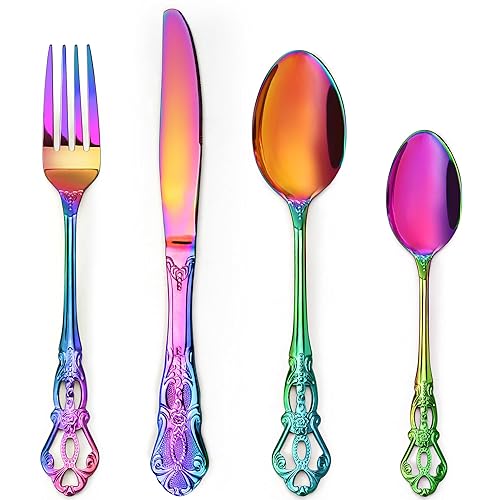 Royal Rainbow Cutlery Set, MAIENSI 16 Piece Cutlery Set Flatware Set for 4 People Palace Style Mirror Polished Dishwasher Safe Knife Fork Spoon Cutlery for Home Banquet Catering - Rainbow