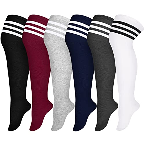 Apoway 6 Pairs Plus Size Thigh High Socks Warm Thigh High Stockings Over the Knee Socks for Women, L-XXL - Three Stripes