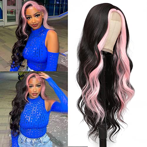 xccoco 28" Long Wavy Highlight Wigs Pink Skunk Stripe Wig Long Body Wave Synthetic Lace Wig Middle Part Black with Pink Highlights Wigs for Women - 28 Inch - Natural Color&Pink
