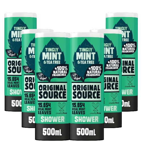 Original Source Mint & Tea Tree Shower Gel, Large Vegan Shower Gel, Paraben Free Body Shower, 100% Natural Fragrance, Multipack of 6 x 500 ml
