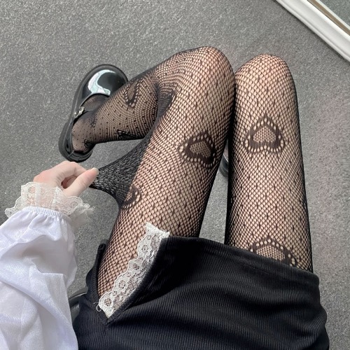 Cute Black Lolita Heart Tights Stockings - black