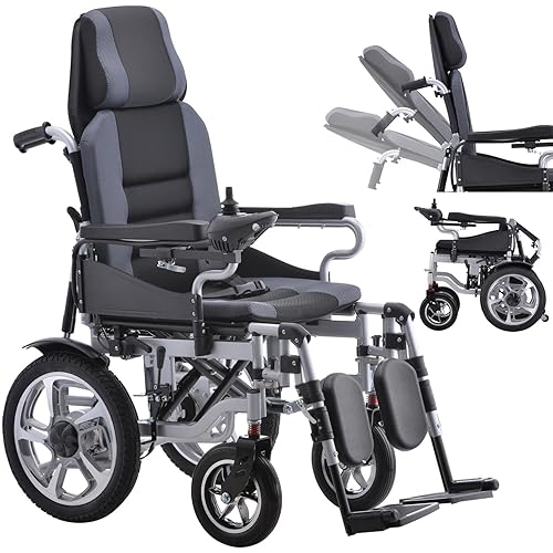Reclining Intelligent Electric Wheelchair Folding Power Motorized Wheelchair All Terrain Motorized Wheelchair for Seniors 20AH 20 Miles Range Heavy-Frame Electric Wheelchair 300LBS Capacity Silver - Recline-Silver