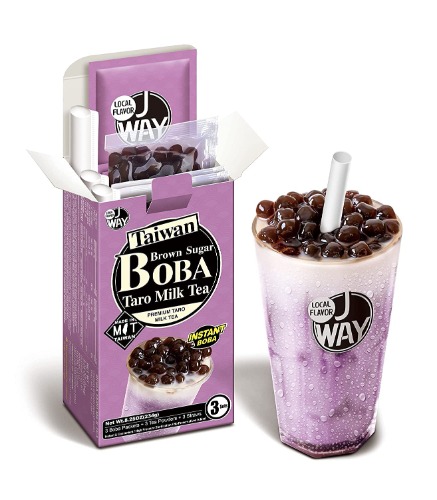 J WAY Instant Boba Bubble Pearl Taro Milk Tea Kit with Authentic Brown Sugar Tapioca Boba, Ready in Under One Minute, Paper Straws Included - 3 Servings - 