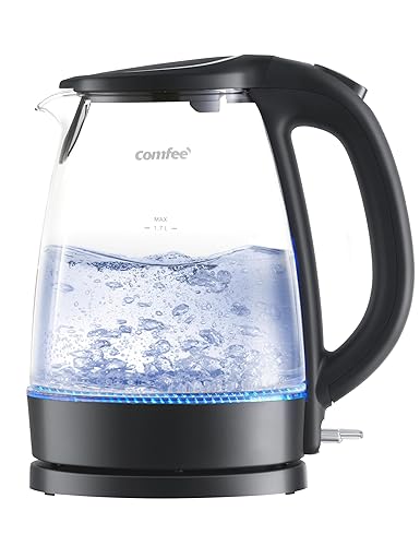 COMFEE' Electric Kettle, 1.7L Hot Water Boiler, 1500W Fast Boil, Glass Electric Tea Kettle with LED Indicator, Auto Shut-Off and Boil-Dry Protection, BPA Free - 1.8 Quarts - Deep Black