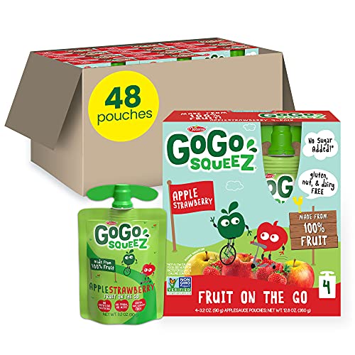 GoGo squeeZ Fruit on the Go, Apple Strawberry, 3.2 oz (Pack of 48), Unsweetened Fruit Snacks for Kids, Gluten Free, Nut Free and Dairy Free, Recloseable Cap, BPA Free Pouches - Apple Strawberry