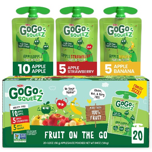 GoGo squeeZ Fruit on the Go Variety Pack, Apple Apple, Apple Banana, & Apple Strawberry, - Tasty Kids Applesauce Snacks - Gluten Free Snacks for Kids - Nut & Dairy Free - Vegan Snacks, 3.2 Ounce (Pack of 20) - Apple Banana Strawberry