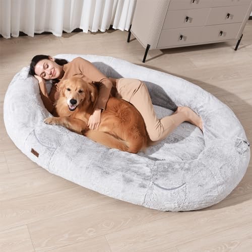 Human Dog Bed for People Large - Bean Bag Adult Size Giant Extra Sized for Kid Waterproof and Washable Anti-Slip Grey 74"x50"x12" - Grey White