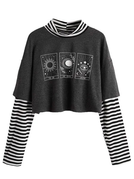 SweatyRocks Women's Color Block Butterfly Print Striped Long Sleeve Crop Top T Shirt - Medium Deep Grey Stripe