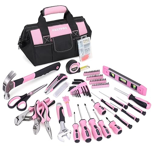 FASTPRO Pink Tool Set, 220-Piece Lady's Home Repairing Tool Kit with 12-Inch Wide Mouth Open Storage Tool Bag - Pink