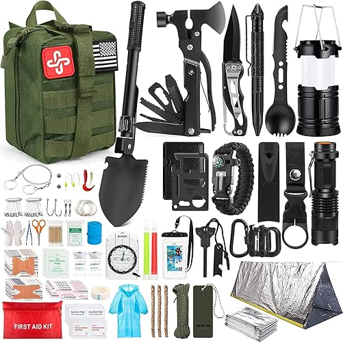 Survival Kit, 250Pcs Survival Gear First Aid Kit with Molle System Compatible Bag and Emergency Tent, Emergency Kit for Earthquake, Outdoor Adventure, Hiking, Hunting, Gifts for Men Women - D-Green