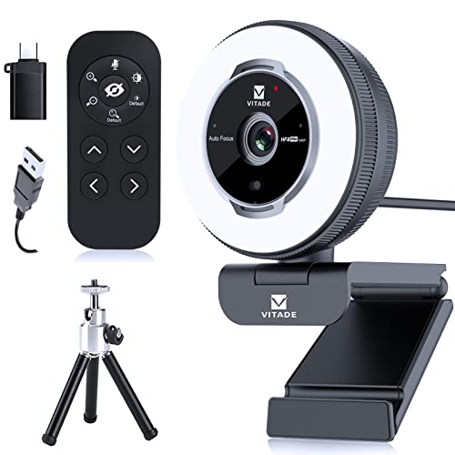 Zoomable Webcam with Remote Control, Vitade 1080P 60FPS Streaming Webcam with Adjustable Ring Light and Tripod, Pro USB 5X Digital Zoom Webcam for Zoom/Skype Teams/Laptop/Mac Windows - Tripod Included