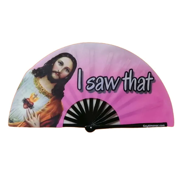 PandaTak Gay Pride Large Folding Fans, 13'' Bamboo Fan with UV Reactive Ink, for LGBTQ Circuit Parties & Raves (Jesus - I Saw That|) - Jesus - I Saw That!