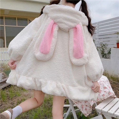 Oversized Fluffy Bunny Jacket - White / XL