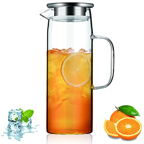 Kyraton Water Pitcher with Removable Lid 51oz/1.5L, Hot and Cold Beverages Clear Glass Pitcher, Easy Clean Heat Resistant Borosilicate Glass Jug for Tea Cafe Lemonade Milk Juice - A. 1.5L