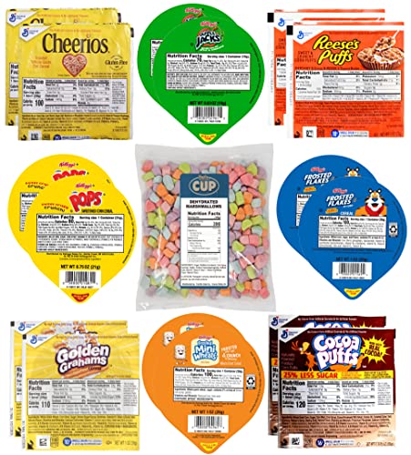 General Mills & Kellogg's Cereal Bowl Variety - Frosted Flakes, Frosted Mini Wheats, Cheerios, Cocoa Puffs and More with By The Cup Cereal Marshmallows - Variety with Cereal Marshmallows
