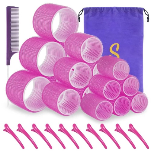 Self grip hair roller set,Hair roller set 18 pcs,Heatless hair curlers,Hair rollers for Long hair,Medium and Short hair,Hair rollers with hair roller clips and comb,Salon hairdressing curlers,DIY Hair Styles, Sungenol 3 Sizes Rose red Hair Rollers in 1 set