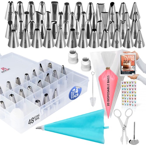 74PCs Icing Piping Bags and Tips Set-Cookie,Cupcake Icing Tips Cake Decorating Kit Baking Supplies -48 Numbered Cake Frosting Piping Tips with Reusable& Disposable Pastry Bags with Pattern Chart&Ebook - 