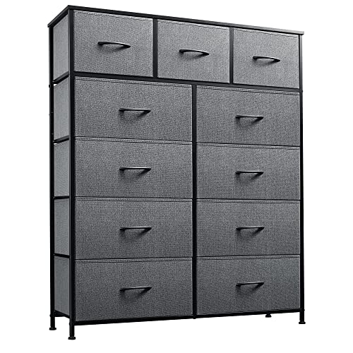 WLIVE 11-Drawer Dresser, Fabric Storage Tower for Bedroom, Hallway, Nursery, Closets, Tall Chest Organizer Unit with Textured Print Fabric Bins, Steel Frame, Wood Top, Easy Pull Handle, Dark Grey - A-dark Grey