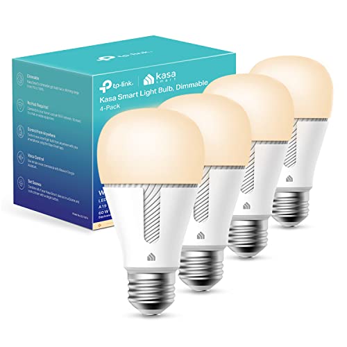 Kasa Smart Light Bulbs that works with Alexa and Google Home, Dimmable Smart LED Bulb, A19, 9W, 800Lumens, Soft White(2700K), CRI≥90, WiFi 2.4Ghz only, No Hub Required, 4-Pack(KL110P4) - 4-Pack (Newer Version)