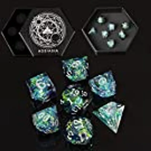 DND Dice Set Resin Polished Edge Polyhedral Dice Set D&D RPG Suitable for Dungeons and Dragons Role Playing Games Dice Gift Box Sharp-Edged Band Sparkling Laser inclusions(Transparent Green Color)…