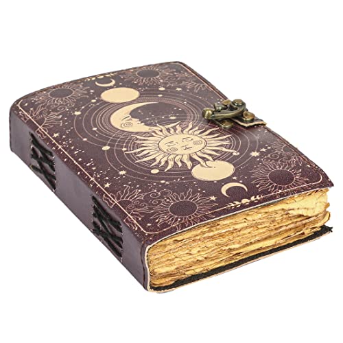 Sun & Moon Vintage Leather Journal for Men & Women 200 Pages of Antique Handmade Deckle Edge Vintage Paper, Leather Sketchbook, Drawing Journal, Printed leather Journal, Great Gift (8 x 6 Inch) - 8 x 6 Inch