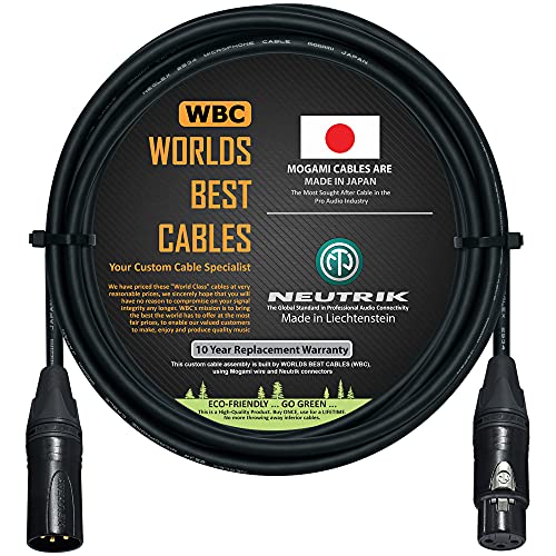WORLDS BEST CABLES 15 Foot – Quad Balanced Microphone Cable Custom Made Using Mogami 2534 Wire and Neutrik NC3MXX-B Male & NC3FXX-B Female XLR Plugs.