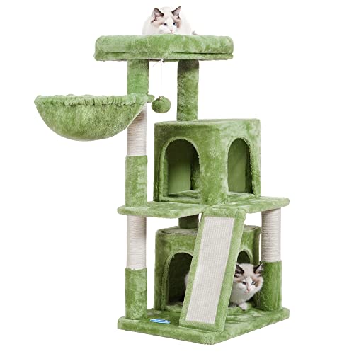 Hey-brother Cat Tree with Scratching Board, 2 Luxury Condos, 41.34 inches Cat Tower with Padded Plush Perch and Cozy Basket, Green MPJ004GR - Green