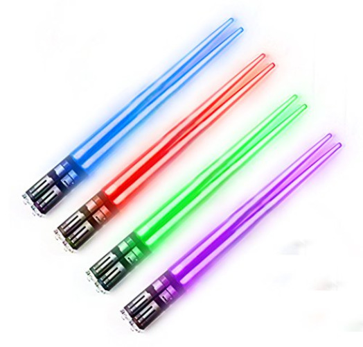 Lightsaber Chopsticks Star Wars Light Up - LED Glowing Light Saber Chop Sticks - Reusable Sushi Lightup Sabers Chopstick Set Of 4 Pairs - Blue & Red & Green & Purple - Glossy Tips