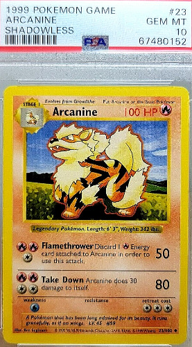 PSA 10 GEM MINT Arcanine 23/102 SHADOWLESS Base Set Pokemon Card