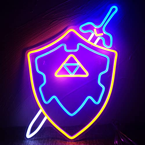 Neon Sign Sword & Shield LED Sign Master Sword LED Neon Light Cool Game Room Decor Gaming Light Sword LED Signs Gamer Gifts for Teen Boys (1. Sword Shield) (1 Sword Shield) - 1 Sword Shield
