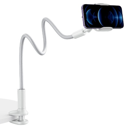 SAIJI Gooseneck Phone Holder for Bed Overall Length 38.6” Flexible Leather Wrapped Arm Overhead Cell Phone Mount Stand with 360° Adjustable Clamp Clip, Compatible with All 4-7” Cellphones (Grey) - Leather(38.6inches) Grey