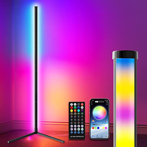 LED Corner Floor Lamp, 63.5" Adjustable RGB Color Changing Lamp with Remote and App Control, Dimmable LED Modern Floor Lamp for Bedroom Living Room, Music Sync, Timing, Multi Modes - 1-Pack 63.5"