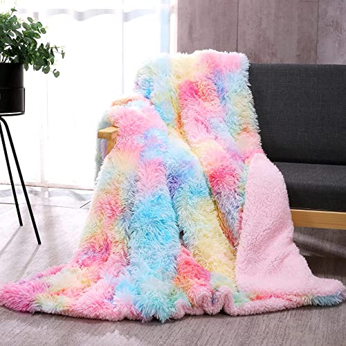 DANGTOP Tie Dye Fluffy Blanket Plush Thick Sherpa Throw (Rainbow, 108x90 inches)