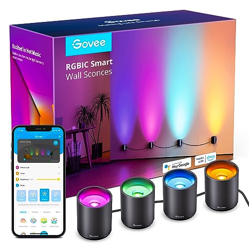 Govee RGBIC Smart Wall Sconces, Music Sync Home Decor WiFi Wall Lights Work with Alexa, Multicolor Wall Led Light for Party and Decor, 30+ Dynamic Scene Indoor Light Fixture for Living Room, Bedroom