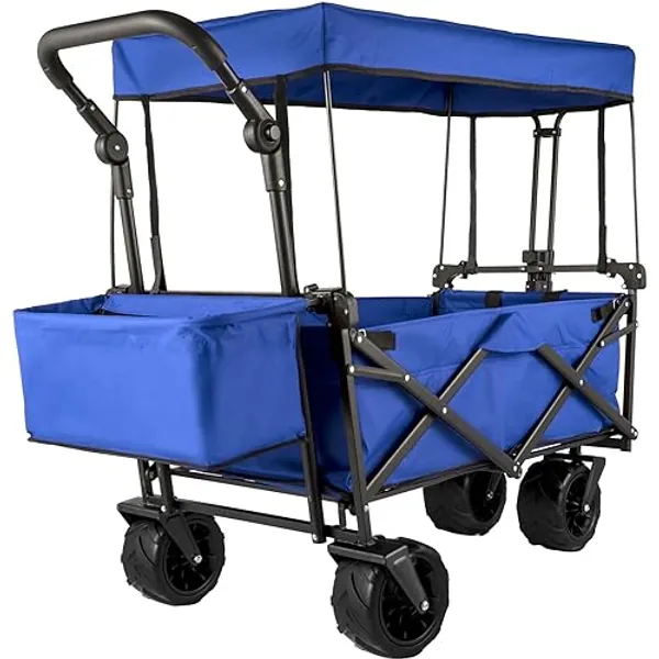 VEVOR Collapsible Wagon with Canopy, 220lbs Foldable Wagon, Beach Wagon Cart with Big Wheels and Canopy with Adjustable Push Pulling Handles - Blue