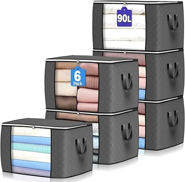 90 L Large Storage Bags, 6 Pack Clothes Storage Bins Foldable Closet Organizers Storage Containers with Reinforced Handle for Clothing, Blanket, Comforters, Bed Sheets, Pillows and Toys (Gray) - Grey - 6 Pack