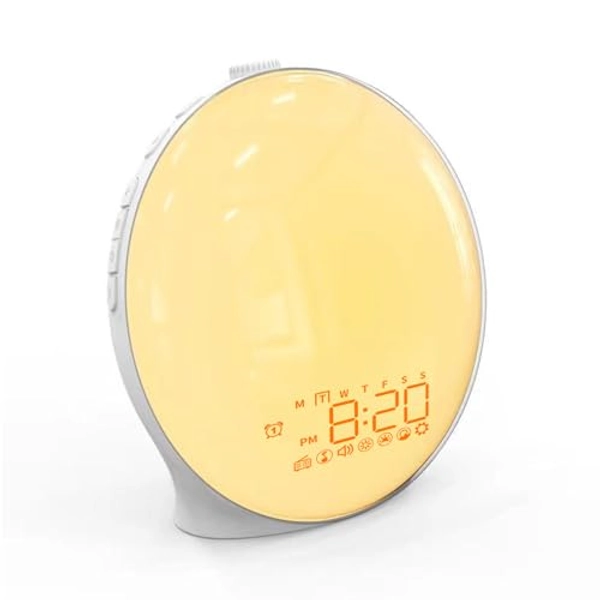 JALL Wake Up Light Sunrise Alarm Clock for Kids, Heavy Sleepers, Bedroom, Full Screen Light with Sunrise, Fall Asleep, Dual Alarms, FM Radio, Snooze, 17 Color, 10 Sounds, ACA-002-M, White